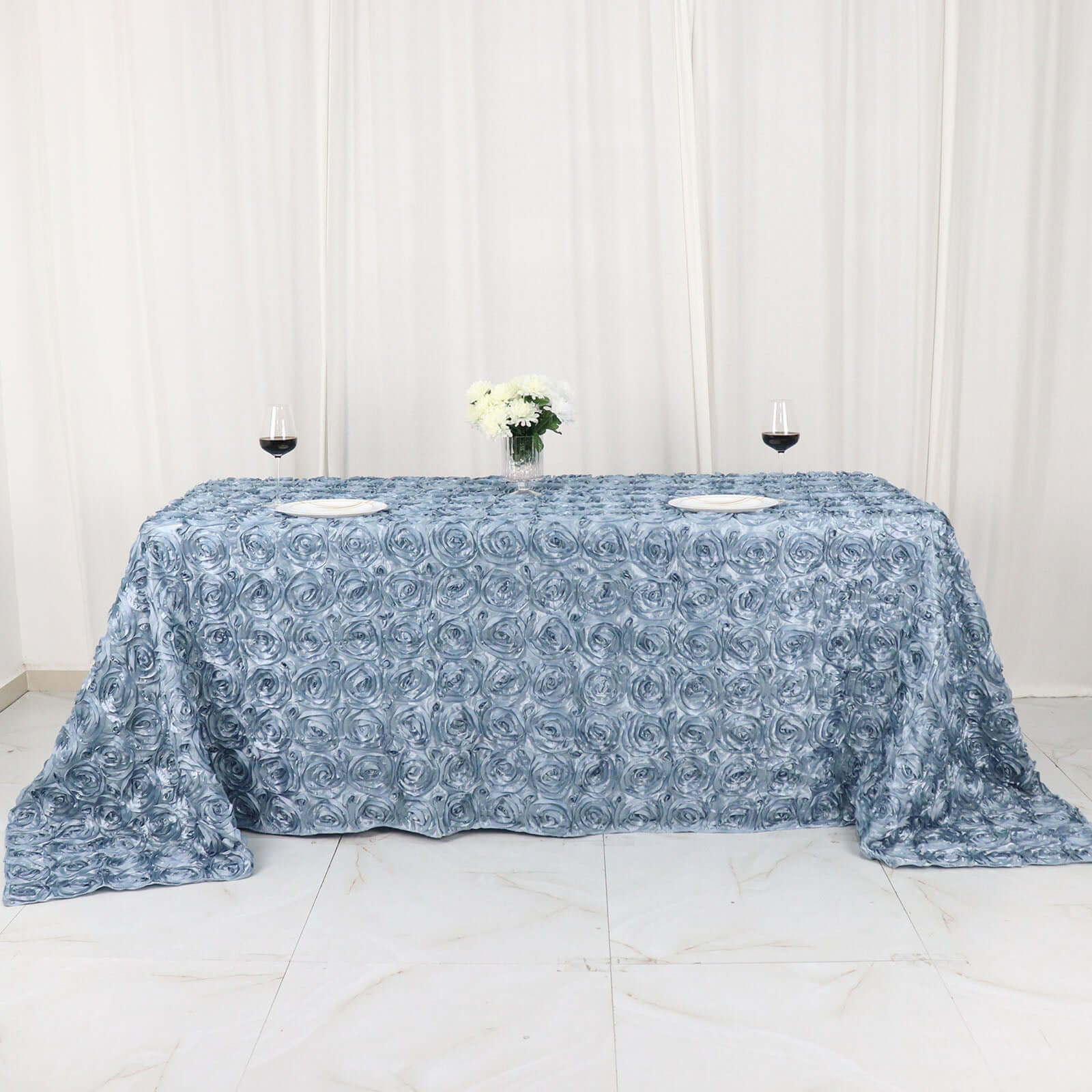 Satin 90"x132" Rectangle Tablecloth Dusty Blue - Grandiose 3D Rosette Seamless Table Cover - Bell Racket Store