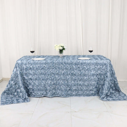 Satin 90"x132" Rectangle Tablecloth Dusty Blue - Grandiose 3D Rosette Seamless Table Cover - Bell Racket Store