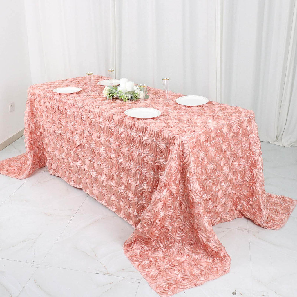 Satin 90"x132" Rectangle Tablecloth Dusty Rose - Grandiose 3D Rosette Seamless Table Cover - Bell Racket Store