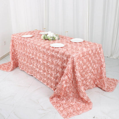 Satin 90"x132" Rectangle Tablecloth Dusty Rose - Grandiose 3D Rosette Seamless Table Cover - Bell Racket Store
