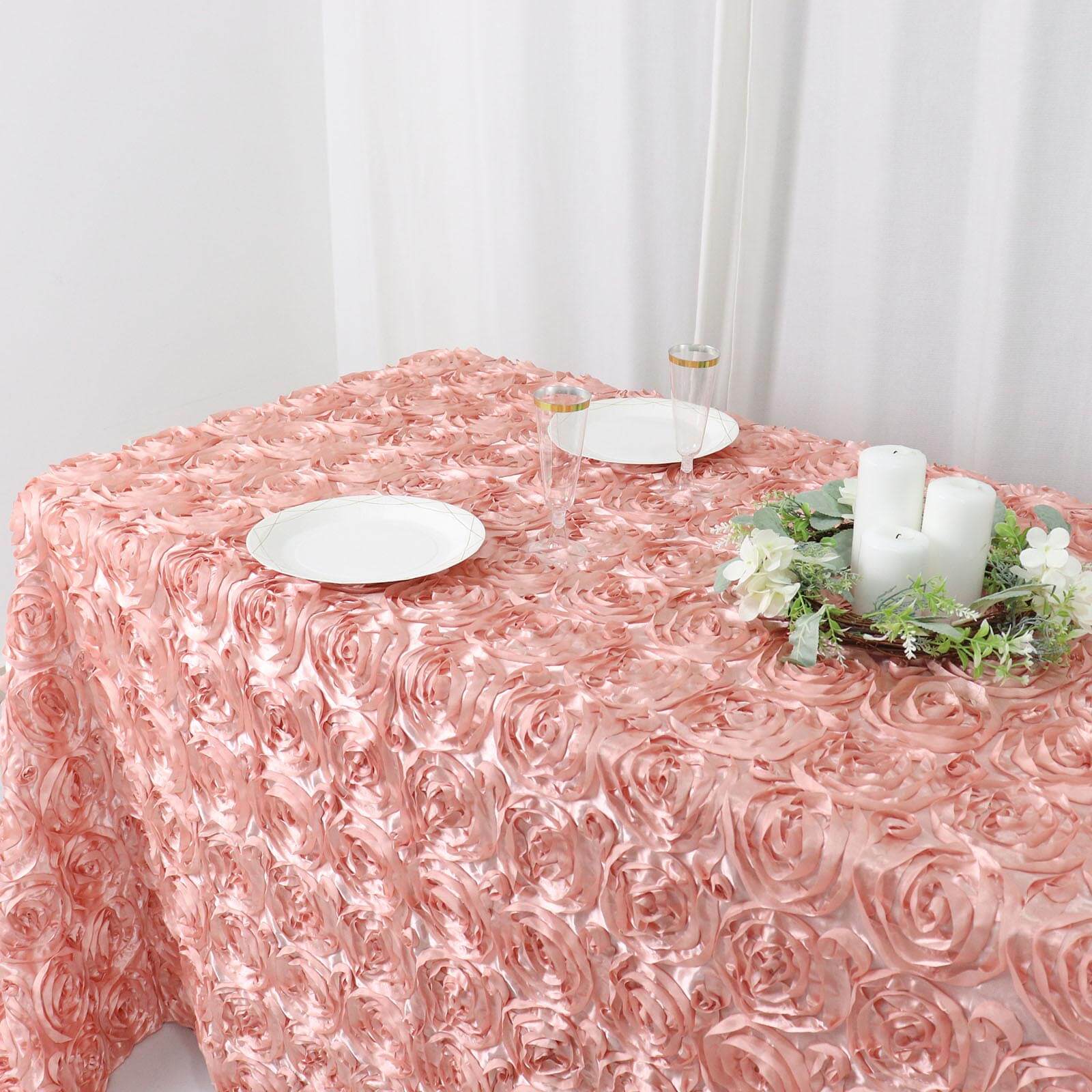 Satin 90"x132" Rectangle Tablecloth Dusty Rose - Grandiose 3D Rosette Seamless Table Cover - Bell Racket Store
