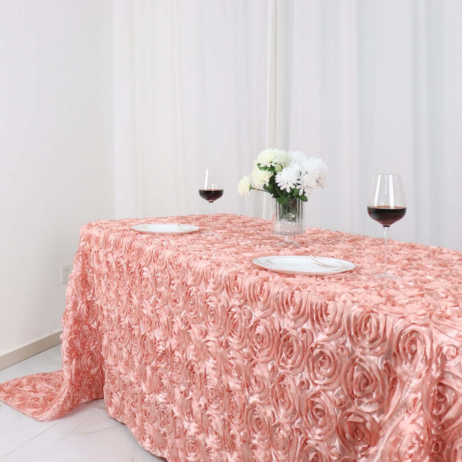 Satin 90"x132" Rectangle Tablecloth Dusty Rose - Grandiose 3D Rosette Seamless Table Cover - Bell Racket Store