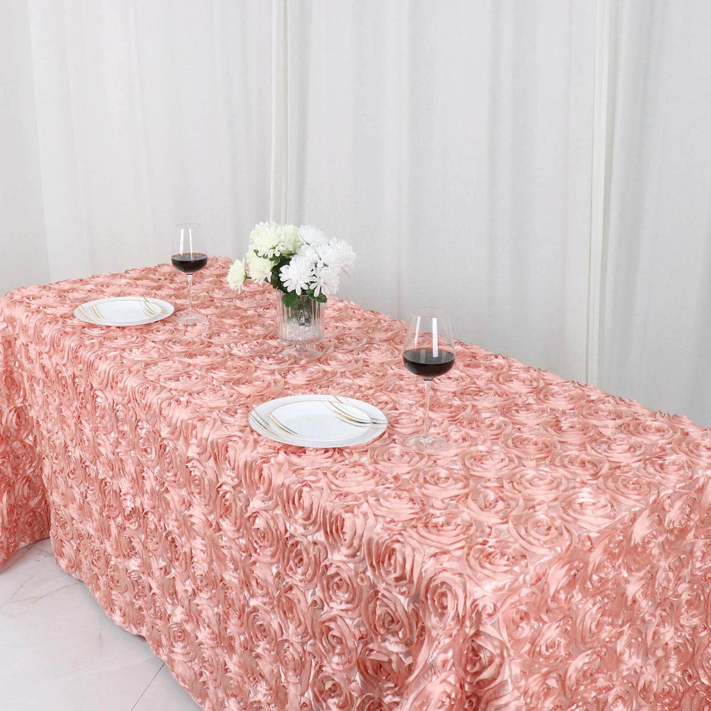 Satin 90"x132" Rectangle Tablecloth Dusty Rose - Grandiose 3D Rosette Seamless Table Cover - Bell Racket Store