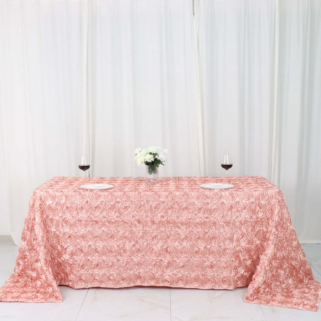 Satin 90"x132" Rectangle Tablecloth Dusty Rose - Grandiose 3D Rosette Seamless Table Cover - Bell Racket Store
