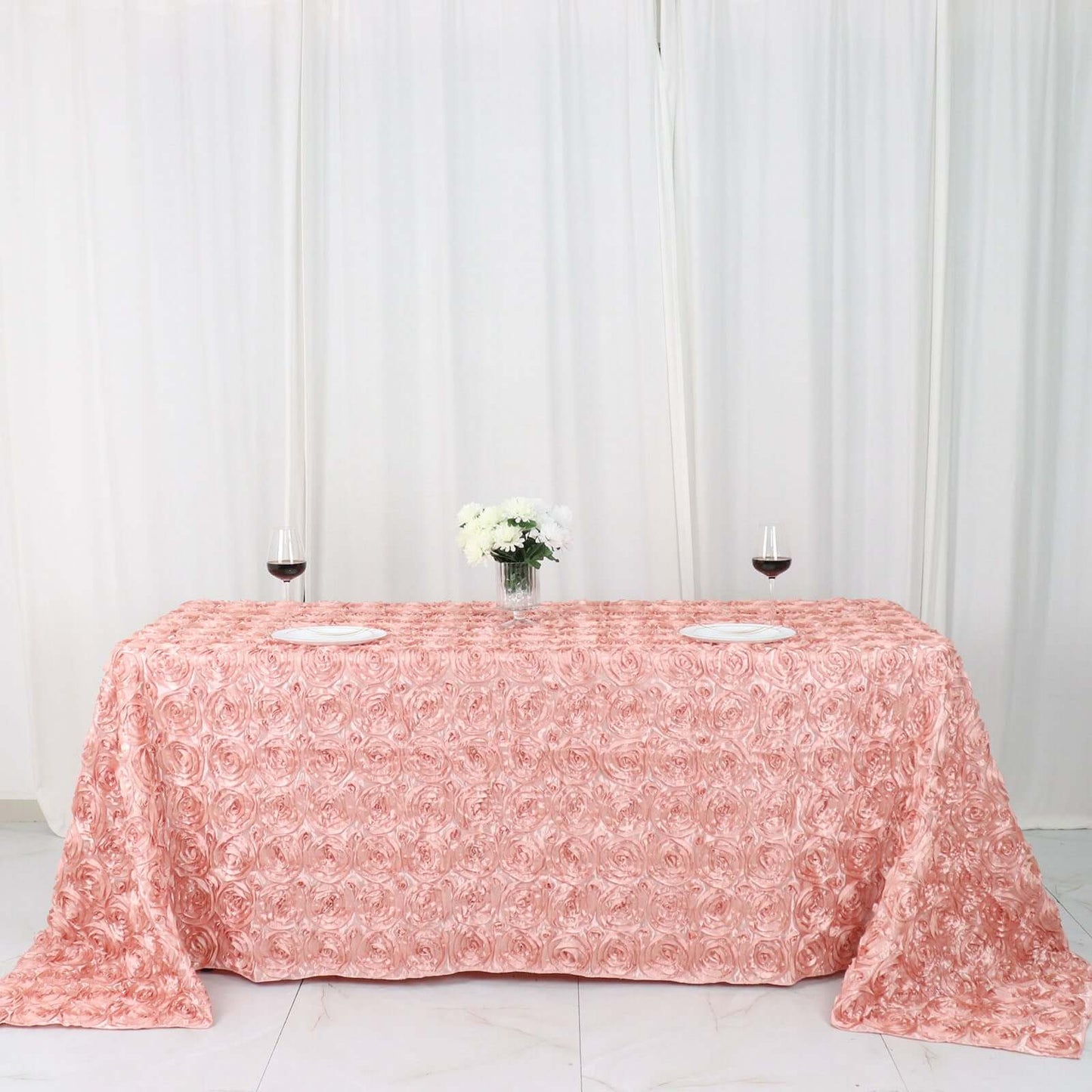 Satin 90"x132" Rectangle Tablecloth Dusty Rose - Grandiose 3D Rosette Seamless Table Cover - Bell Racket Store