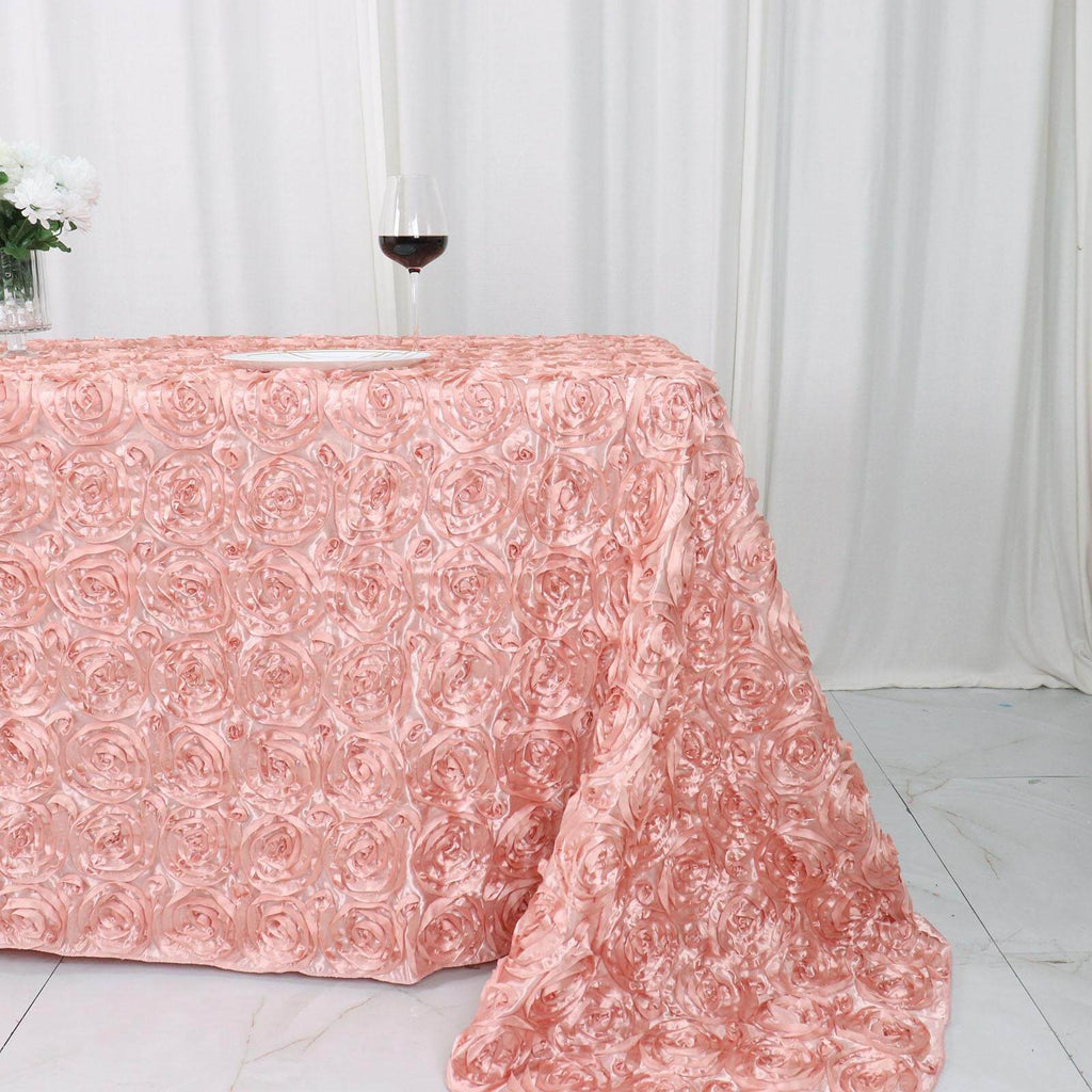 Satin 90"x132" Rectangle Tablecloth Dusty Rose - Grandiose 3D Rosette Seamless Table Cover - Bell Racket Store