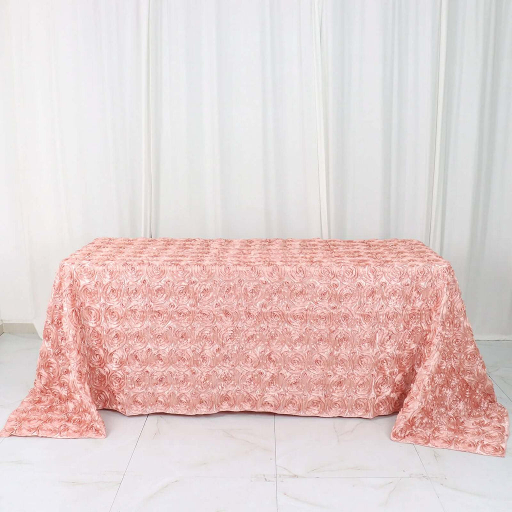 Satin 90"x132" Rectangle Tablecloth Dusty Rose - Grandiose 3D Rosette Seamless Table Cover - Bell Racket Store