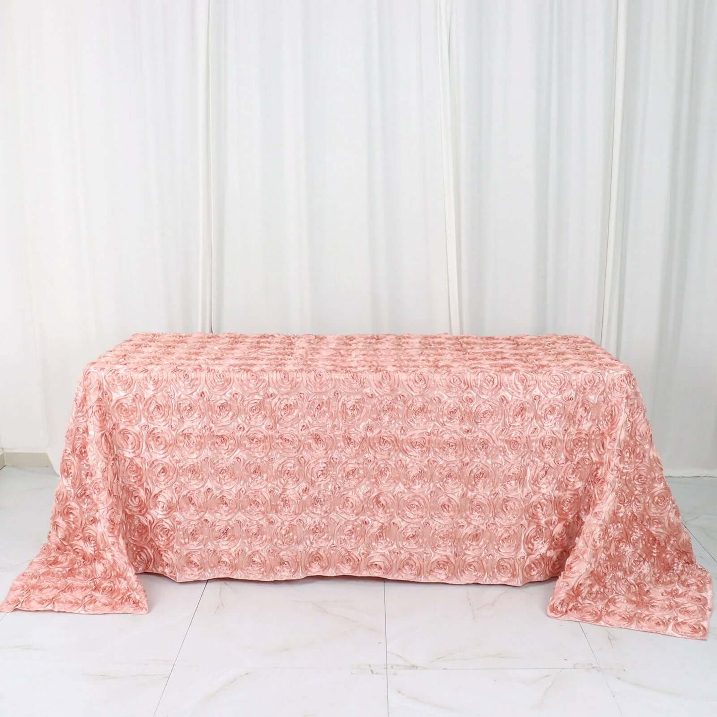 Satin 90"x132" Rectangle Tablecloth Dusty Rose - Grandiose 3D Rosette Seamless Table Cover - Bell Racket Store