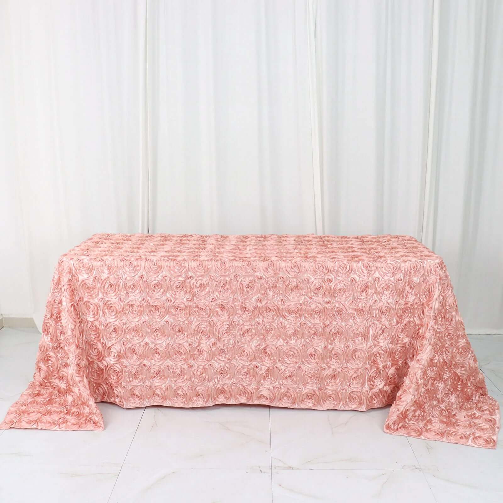 Satin 90"x132" Rectangle Tablecloth Dusty Rose - Grandiose 3D Rosette Seamless Table Cover - Bell Racket Store