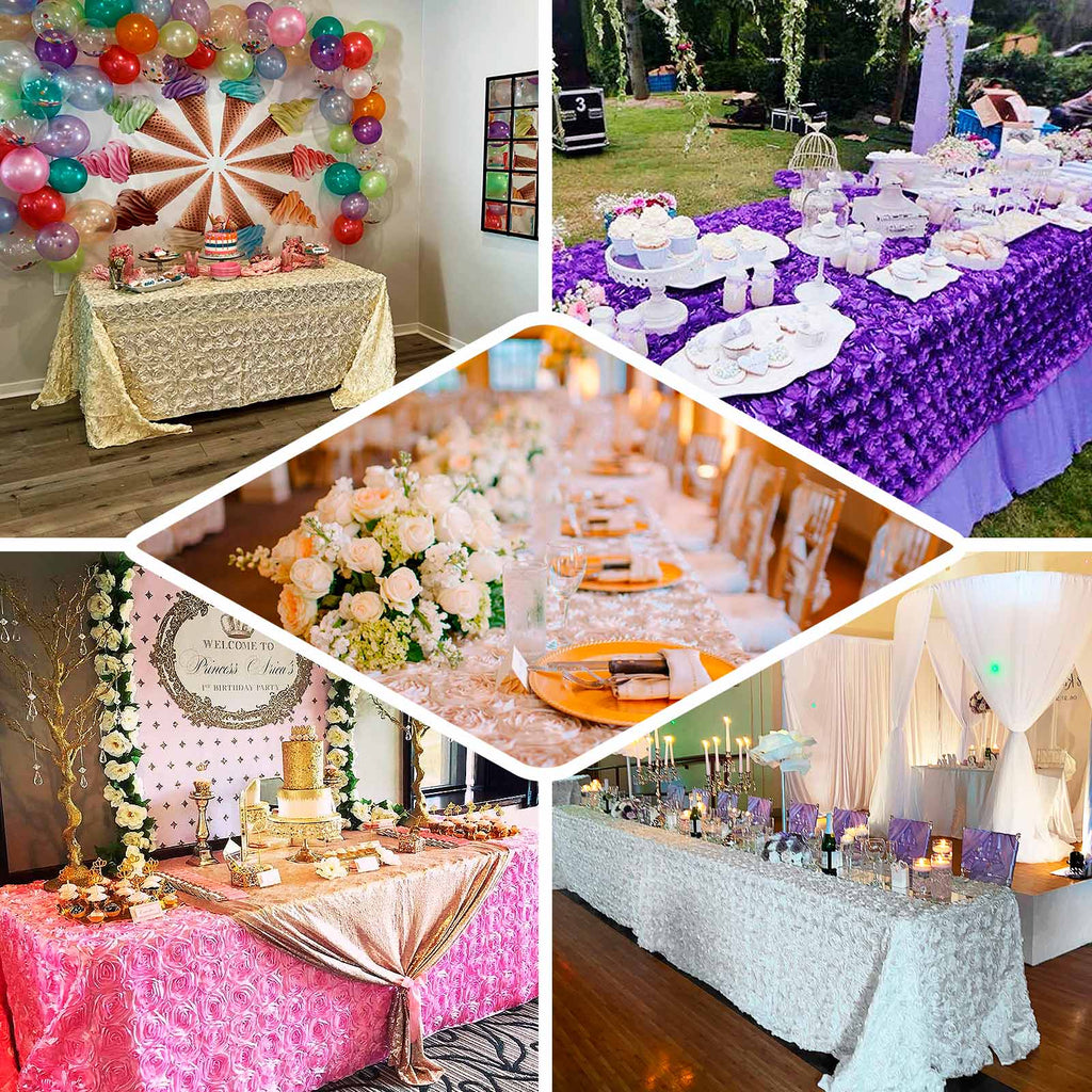 Satin 90"x132" Rectangle Tablecloth Dusty Rose - Grandiose 3D Rosette Seamless Table Cover - Bell Racket Store