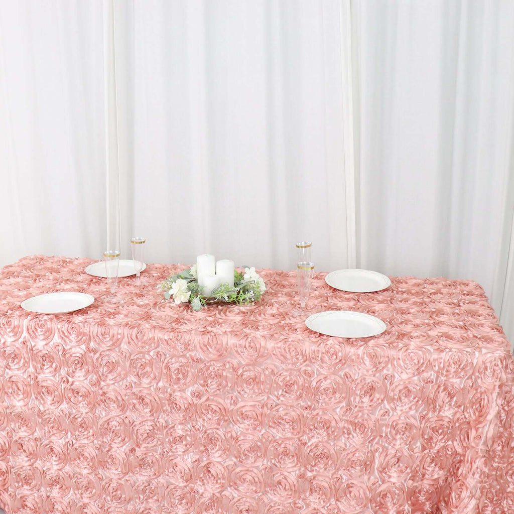 Satin 90"x132" Rectangle Tablecloth Dusty Rose - Grandiose 3D Rosette Seamless Table Cover - Bell Racket Store