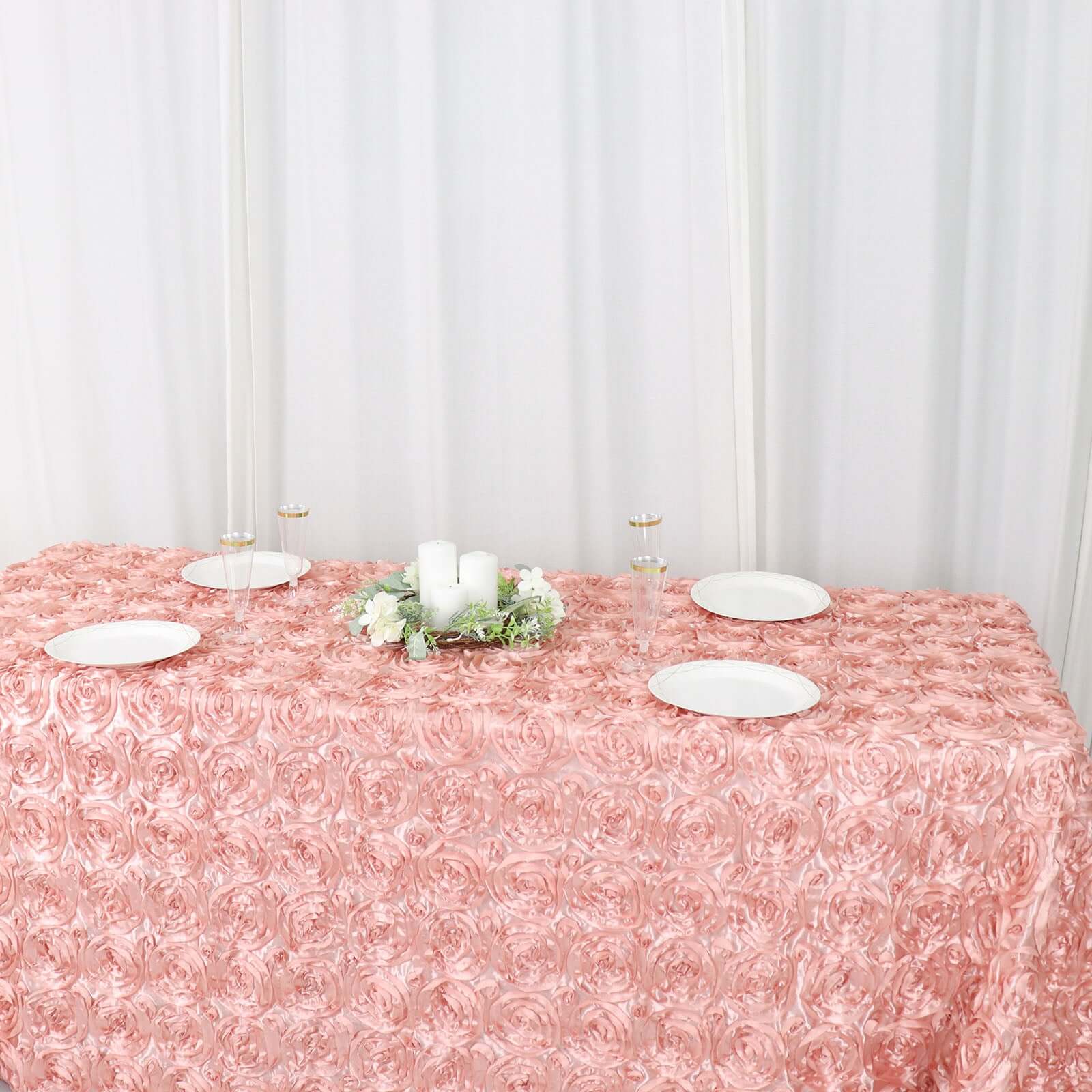 Satin 90"x132" Rectangle Tablecloth Dusty Rose - Grandiose 3D Rosette Seamless Table Cover - Bell Racket Store