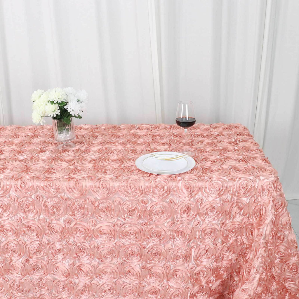 Satin 90"x132" Rectangle Tablecloth Dusty Rose - Grandiose 3D Rosette Seamless Table Cover - Bell Racket Store