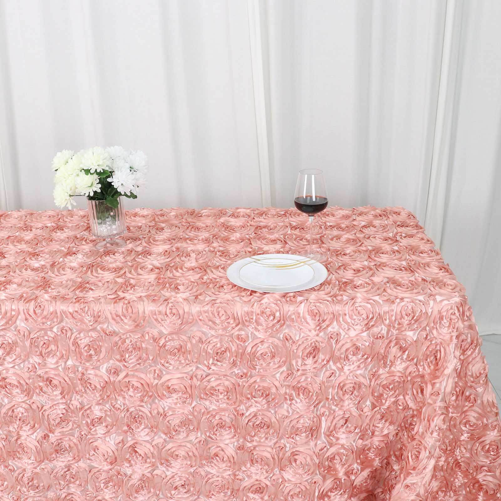 Satin 90"x132" Rectangle Tablecloth Dusty Rose - Grandiose 3D Rosette Seamless Table Cover - Bell Racket Store