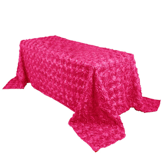 Satin 90"x132" Rectangle Tablecloth Fuchsia - Grandiose 3D Rosette Seamless Table Cover - NestOCart