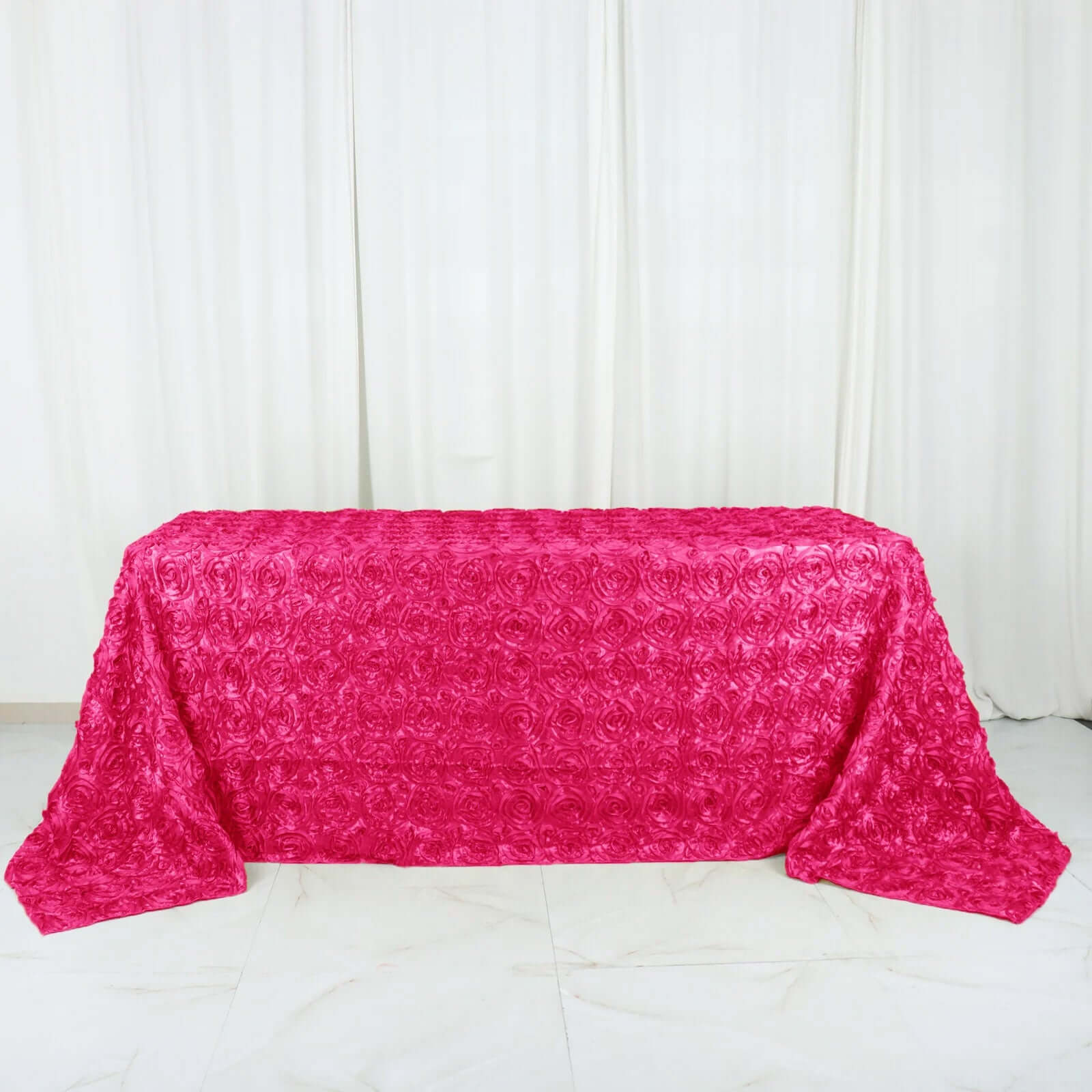 Satin 90"x132" Rectangle Tablecloth Fuchsia - Grandiose 3D Rosette Seamless Table Cover - NestOCart
