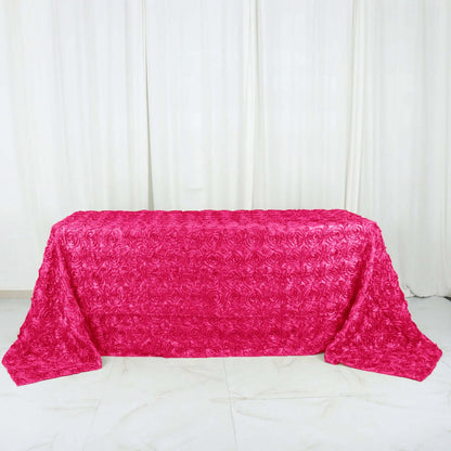 Satin 90"x132" Rectangle Tablecloth Fuchsia - Grandiose 3D Rosette Seamless Table Cover - NestOCart