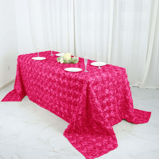 Satin 90"x132" Rectangle Tablecloth Fuchsia - Grandiose 3D Rosette Seamless Table Cover - NestOCart