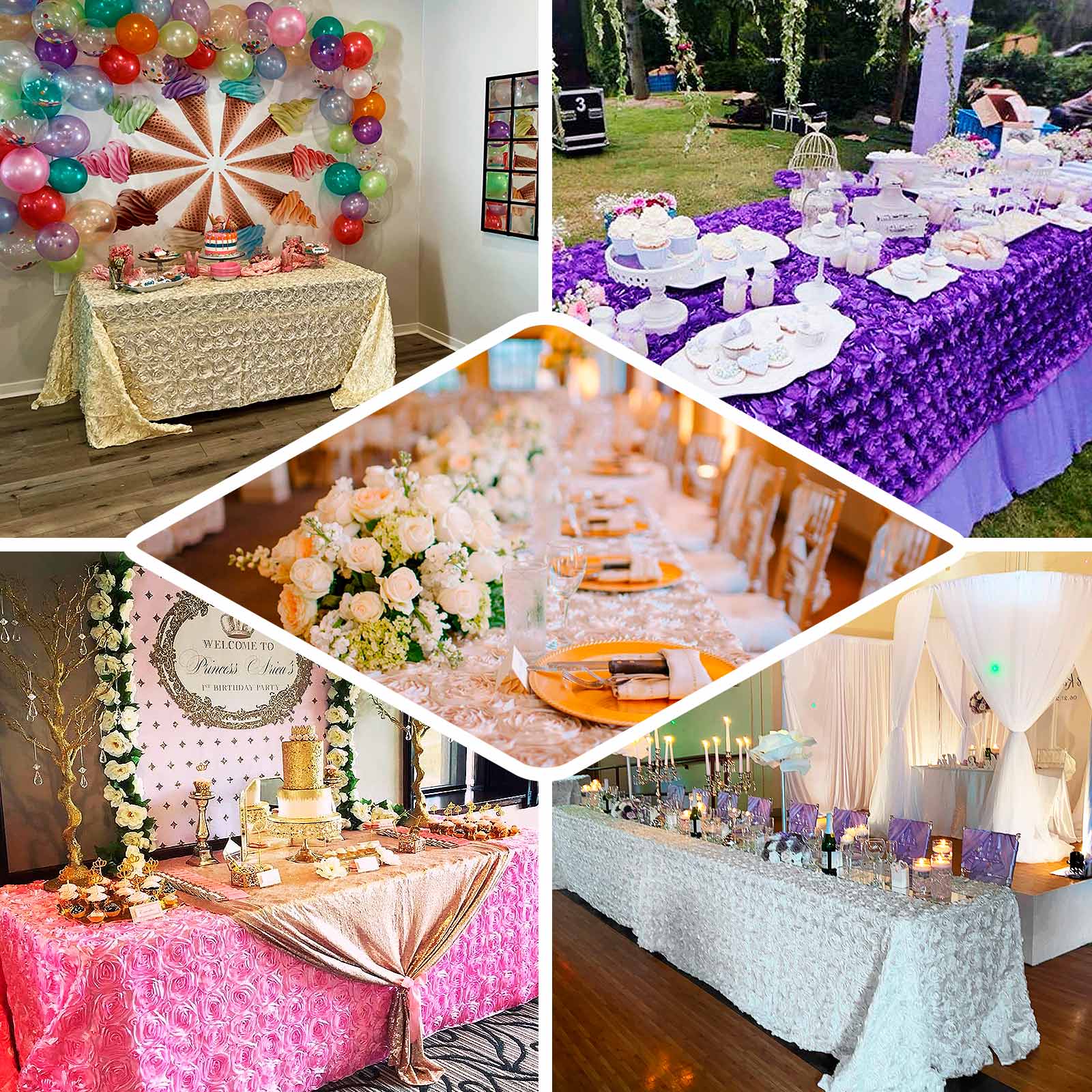 Satin 90"x132" Rectangle Tablecloth Fuchsia - Grandiose 3D Rosette Seamless Table Cover - NestOCart