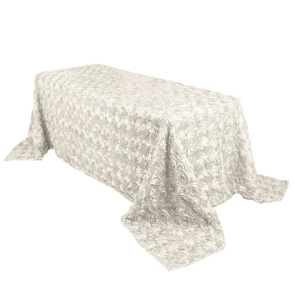 Satin 90"x132" Rectangle Tablecloth Ivory - Grandiose 3D Rosette Seamless Table Cover - NestOCart