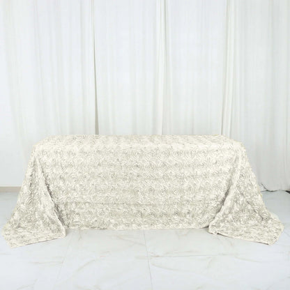 Satin 90"x132" Rectangle Tablecloth Ivory - Grandiose 3D Rosette Seamless Table Cover - NestOCart