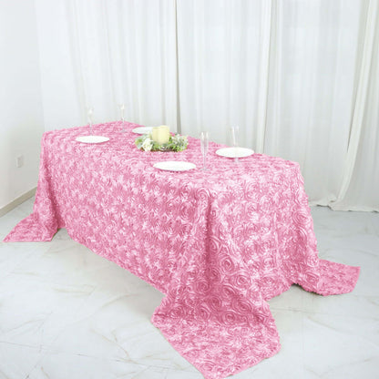 Satin 90"x132" Rectangle Tablecloth Pink - Grandiose 3D Rosette Seamless Table Cover - NestOCart