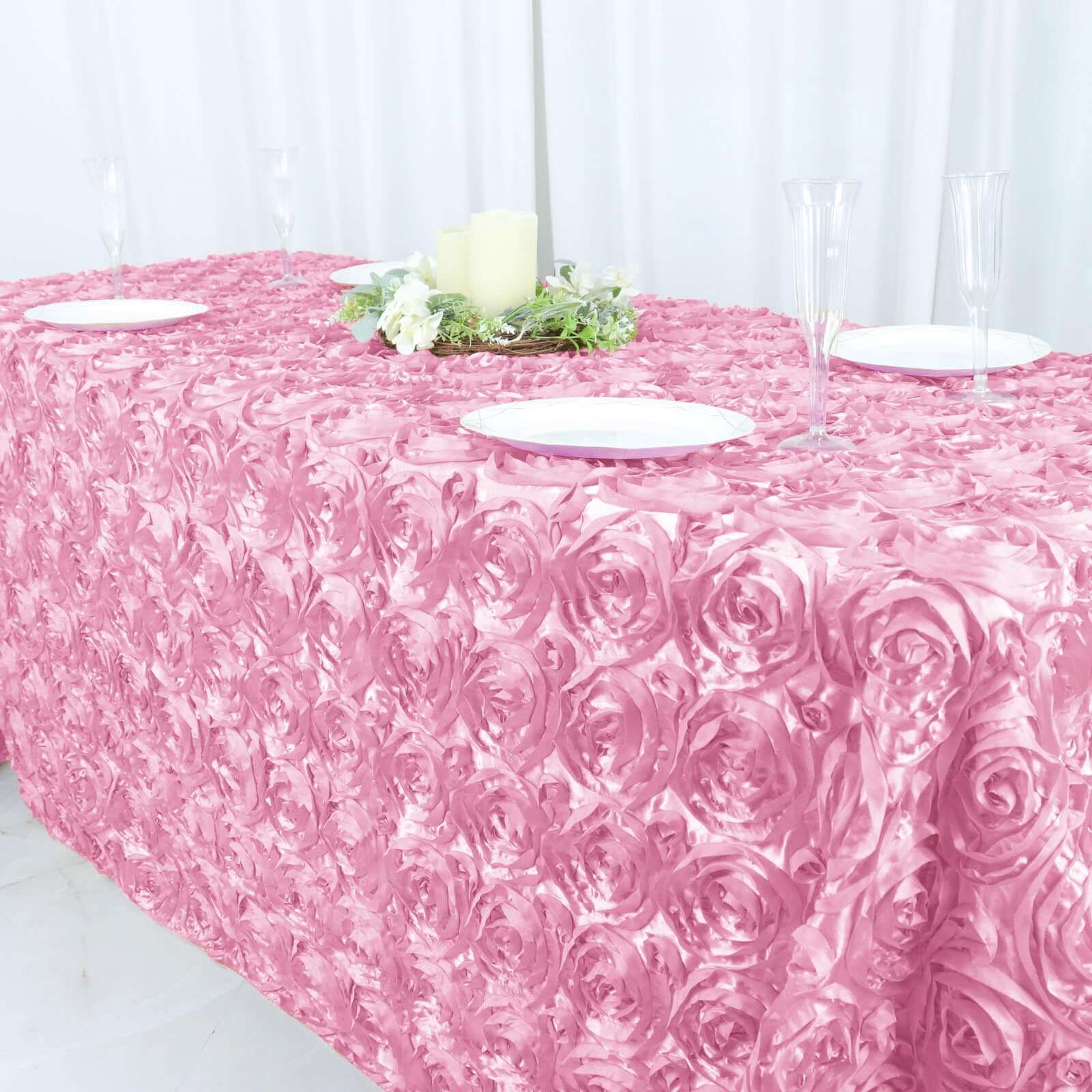 Satin 90"x132" Rectangle Tablecloth Pink - Grandiose 3D Rosette Seamless Table Cover - NestOCart