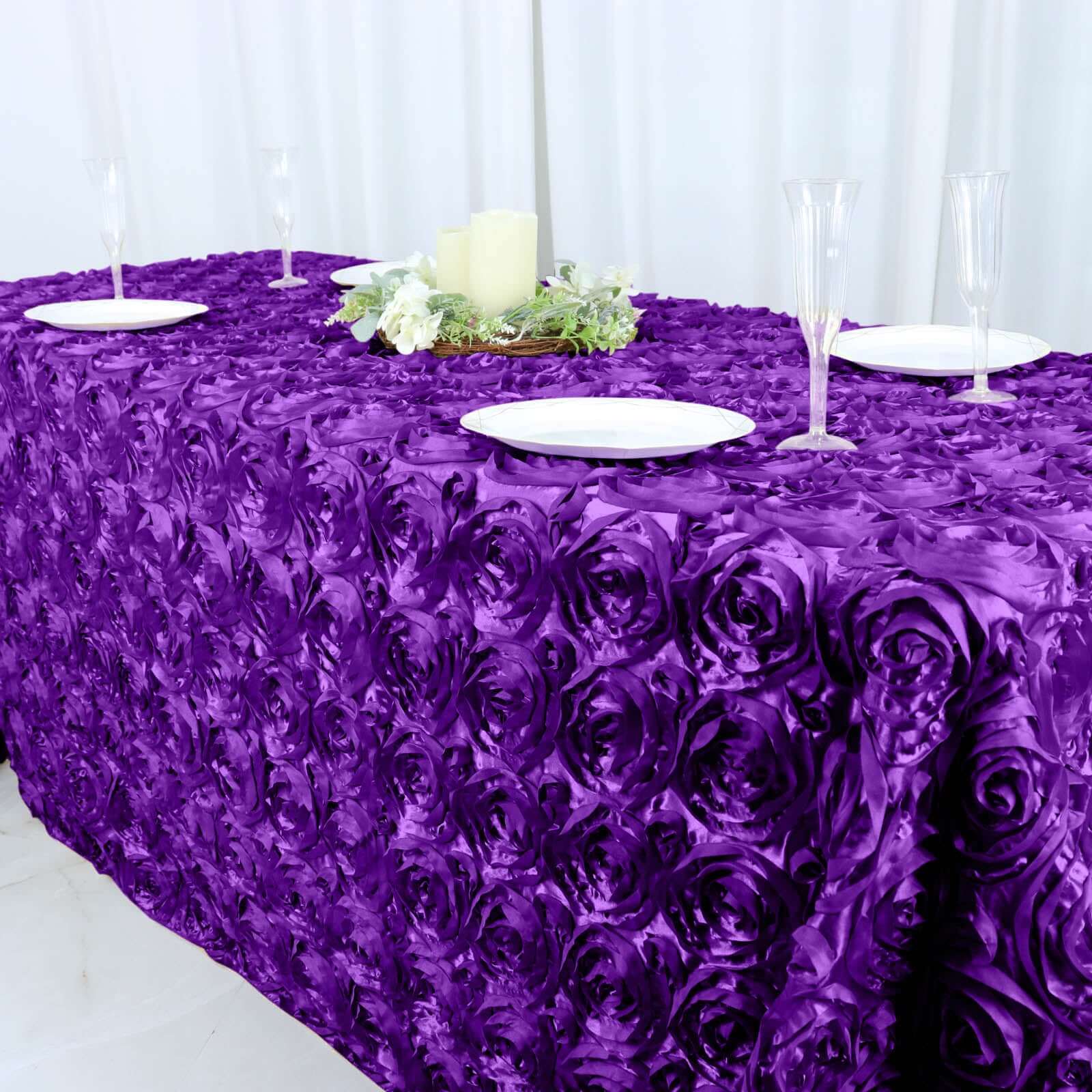 Satin 90"x132" Rectangle Tablecloth Purple - Grandiose 3D Rosette Seamless Table Cover - NestOCart