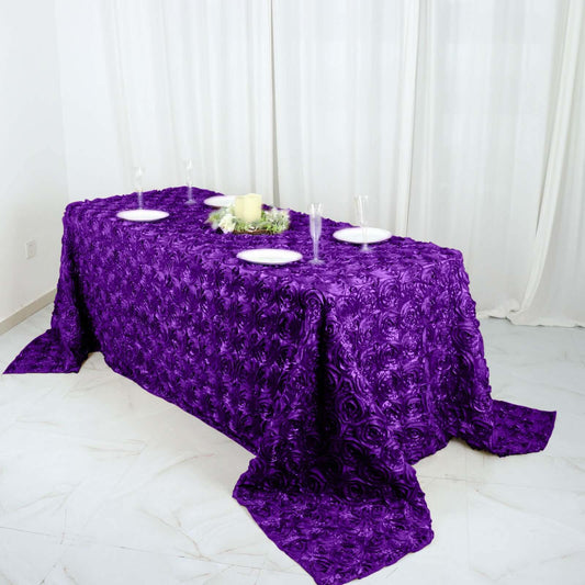 Satin 90"x132" Rectangle Tablecloth Purple - Grandiose 3D Rosette Seamless Table Cover - NestOCart
