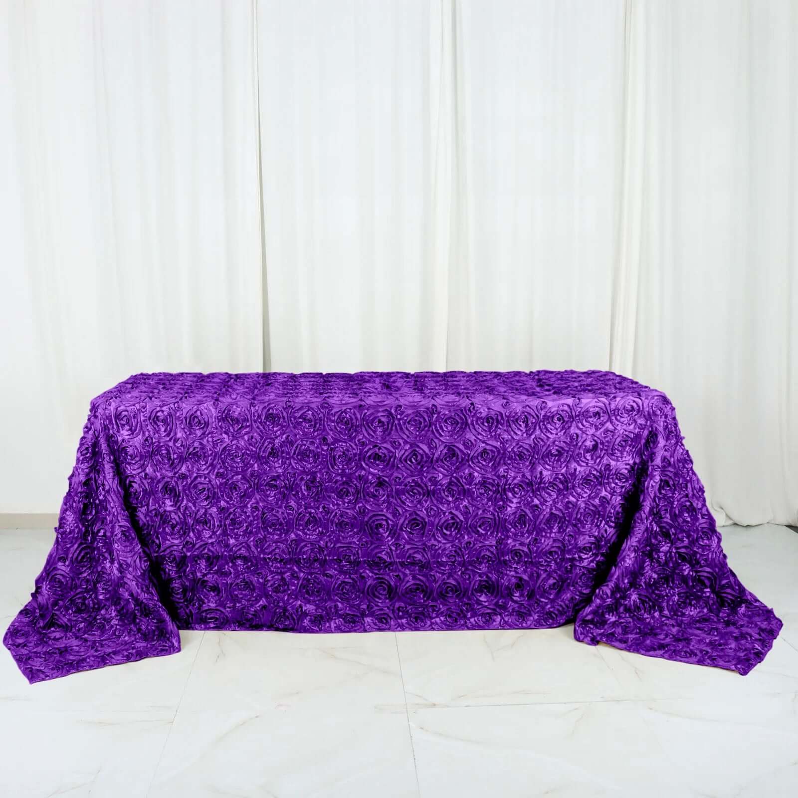 Satin 90"x132" Rectangle Tablecloth Purple - Grandiose 3D Rosette Seamless Table Cover - NestOCart