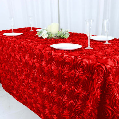 Satin 90"x132" Rectangle Tablecloth Red - Grandiose 3D Rosette Seamless Table Cover - NestOCart