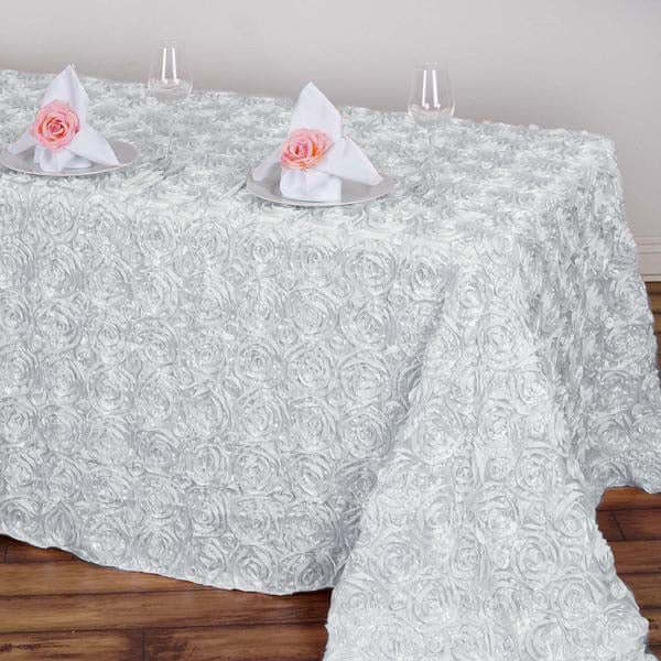 Satin 90"x132" Rectangle Tablecloth White - Grandiose 3D Rosette Design with Seamless Finish for Graceful Gatherings - NestOCart