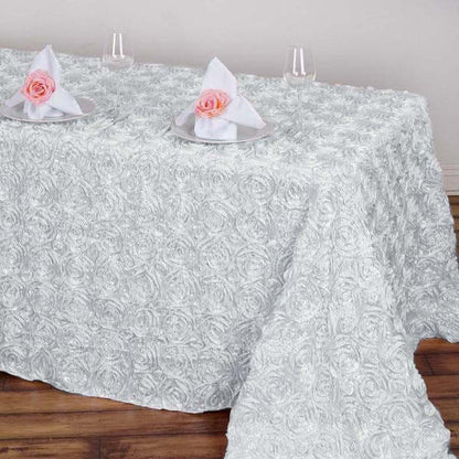 Satin 90"x132" Rectangle Tablecloth White - Grandiose 3D Rosette Design with Seamless Finish for Graceful Gatherings - NestOCart