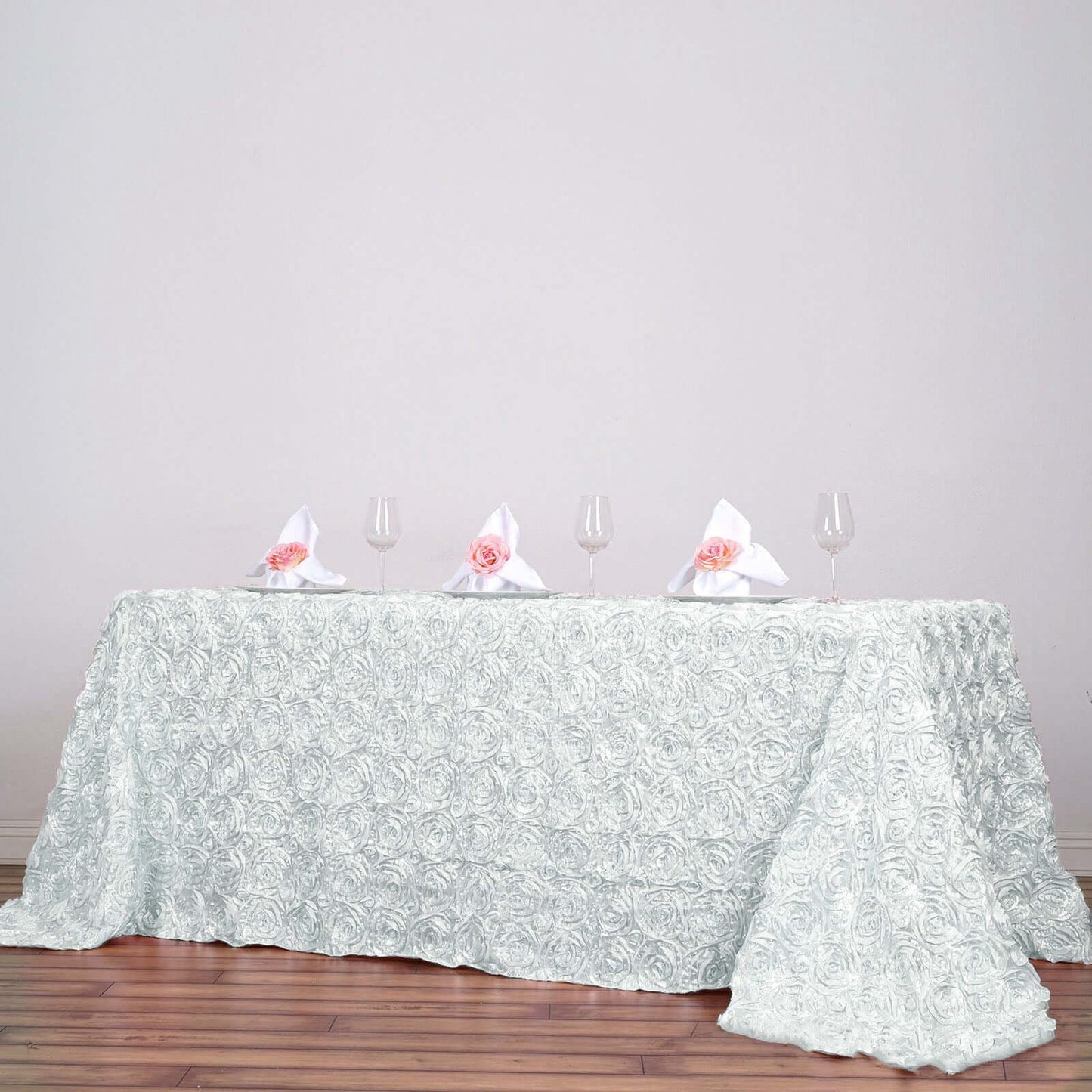 Satin 90"x132" Rectangle Tablecloth White - Grandiose 3D Rosette Design with Seamless Finish for Graceful Gatherings - NestOCart
