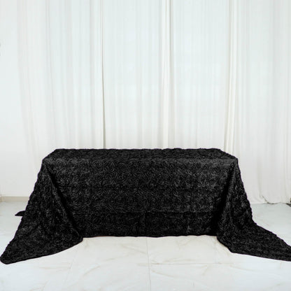 Satin 90"x156" Rectangle Tablecloth Black - Grandiose 3D Rosette Table Cover with Seamless Finish - NestOCart