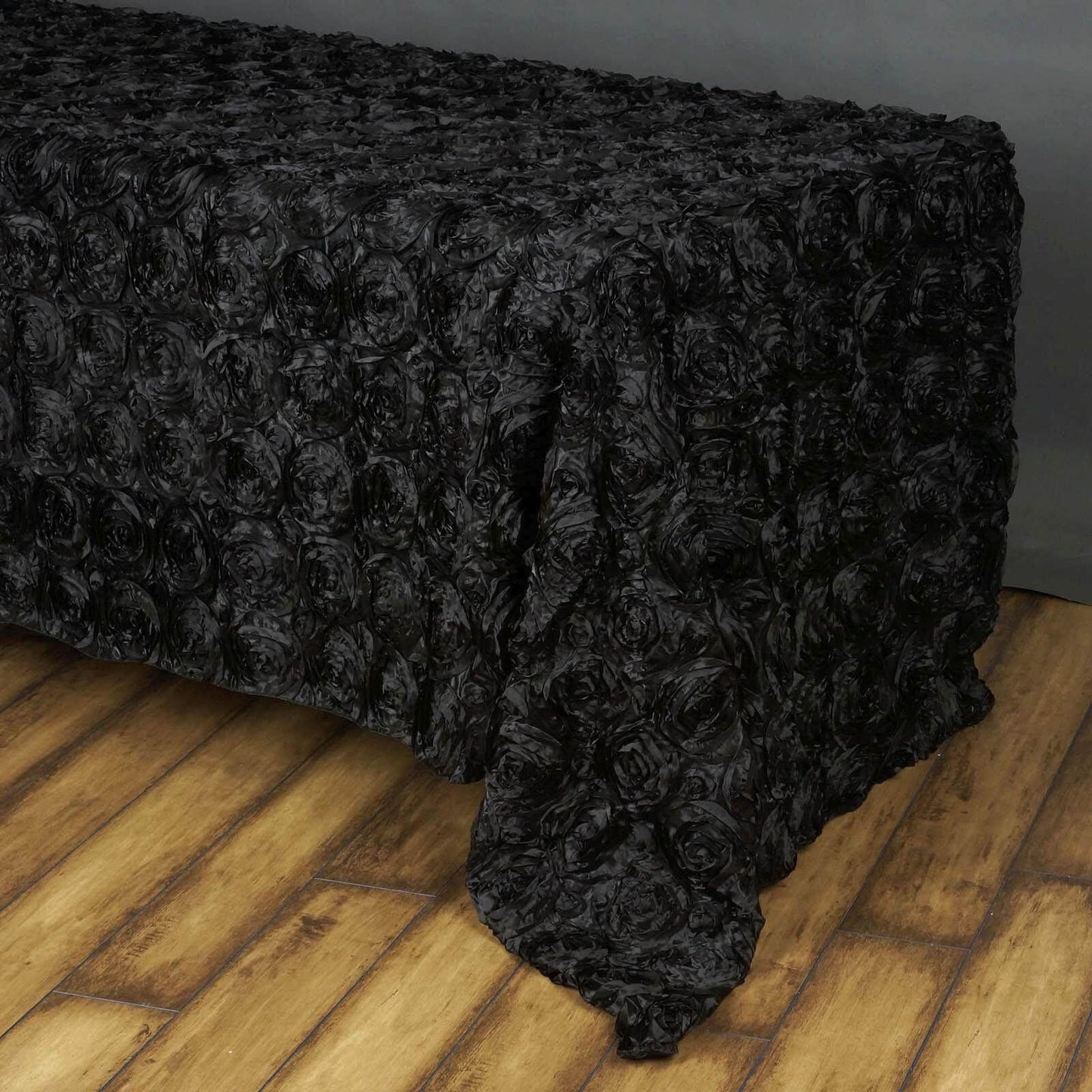 Satin 90"x156" Rectangle Tablecloth Black - Grandiose 3D Rosette Table Cover with Seamless Finish - NestOCart