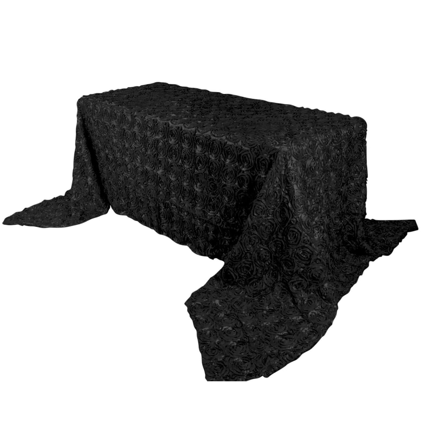 Satin 90"x156" Rectangle Tablecloth Black - Grandiose 3D Rosette Table Cover with Seamless Finish - NestOCart