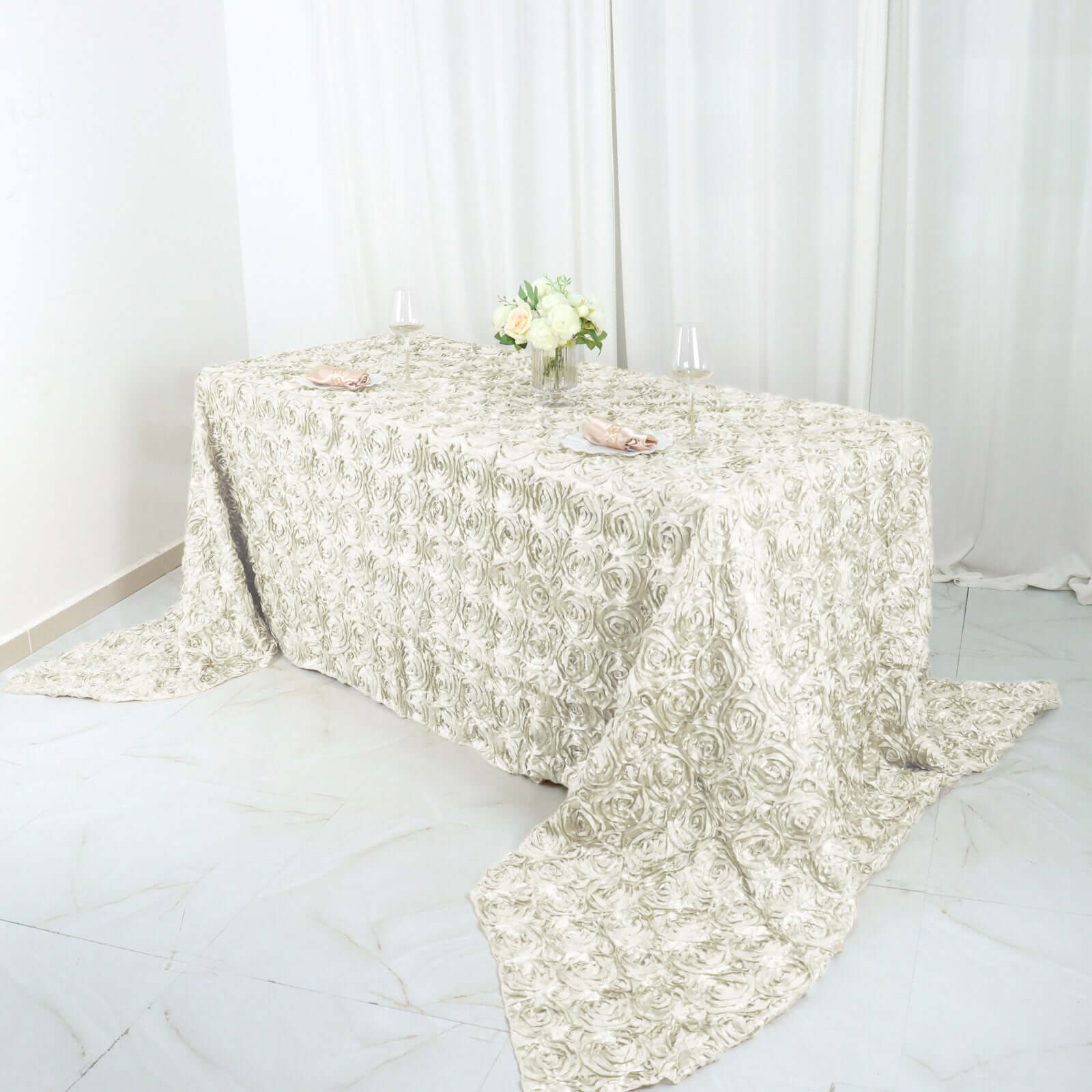 Satin 90"x156" Rectangle Tablecloth Ivory - Grandiose 3D Rosette Table Cover with Seamless Finish - NestOCart