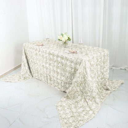 Satin 90"x156" Rectangle Tablecloth Ivory - Grandiose 3D Rosette Table Cover with Seamless Finish - NestOCart
