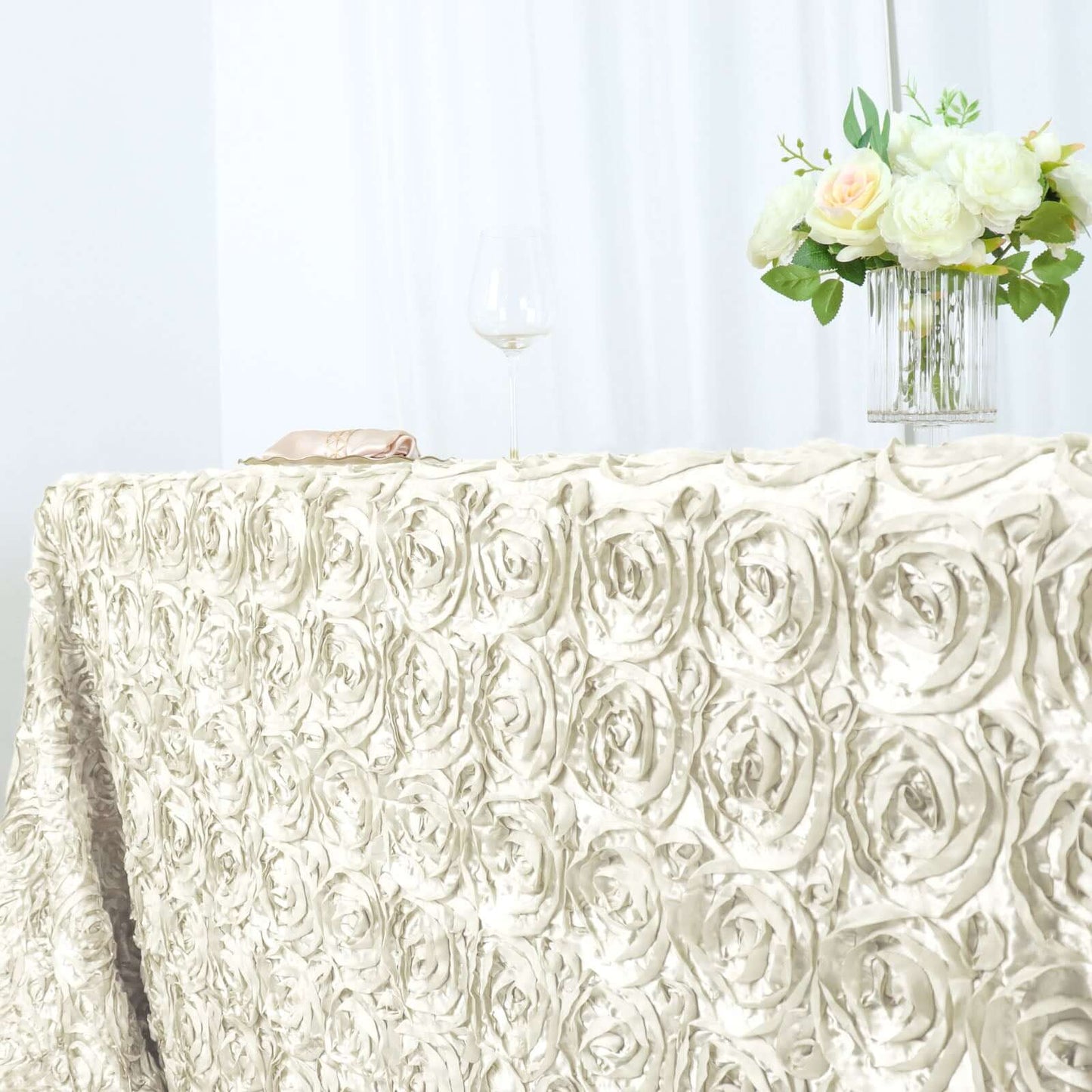 Satin 90"x156" Rectangle Tablecloth Ivory - Grandiose 3D Rosette Table Cover with Seamless Finish - NestOCart