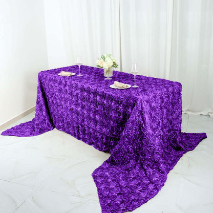 Satin 90"x156" Rectangle Tablecloth Purple - Grandiose 3D Rosette Table Cover with Seamless Finish - NestOCart