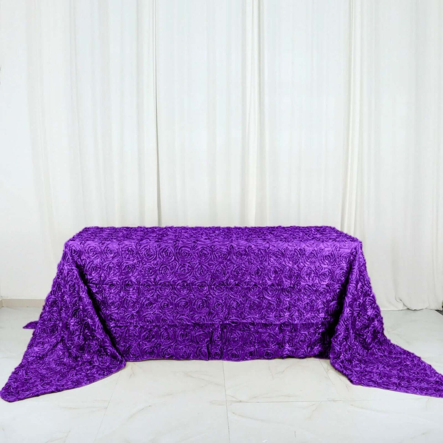 Satin 90"x156" Rectangle Tablecloth Purple - Grandiose 3D Rosette Table Cover with Seamless Finish - NestOCart