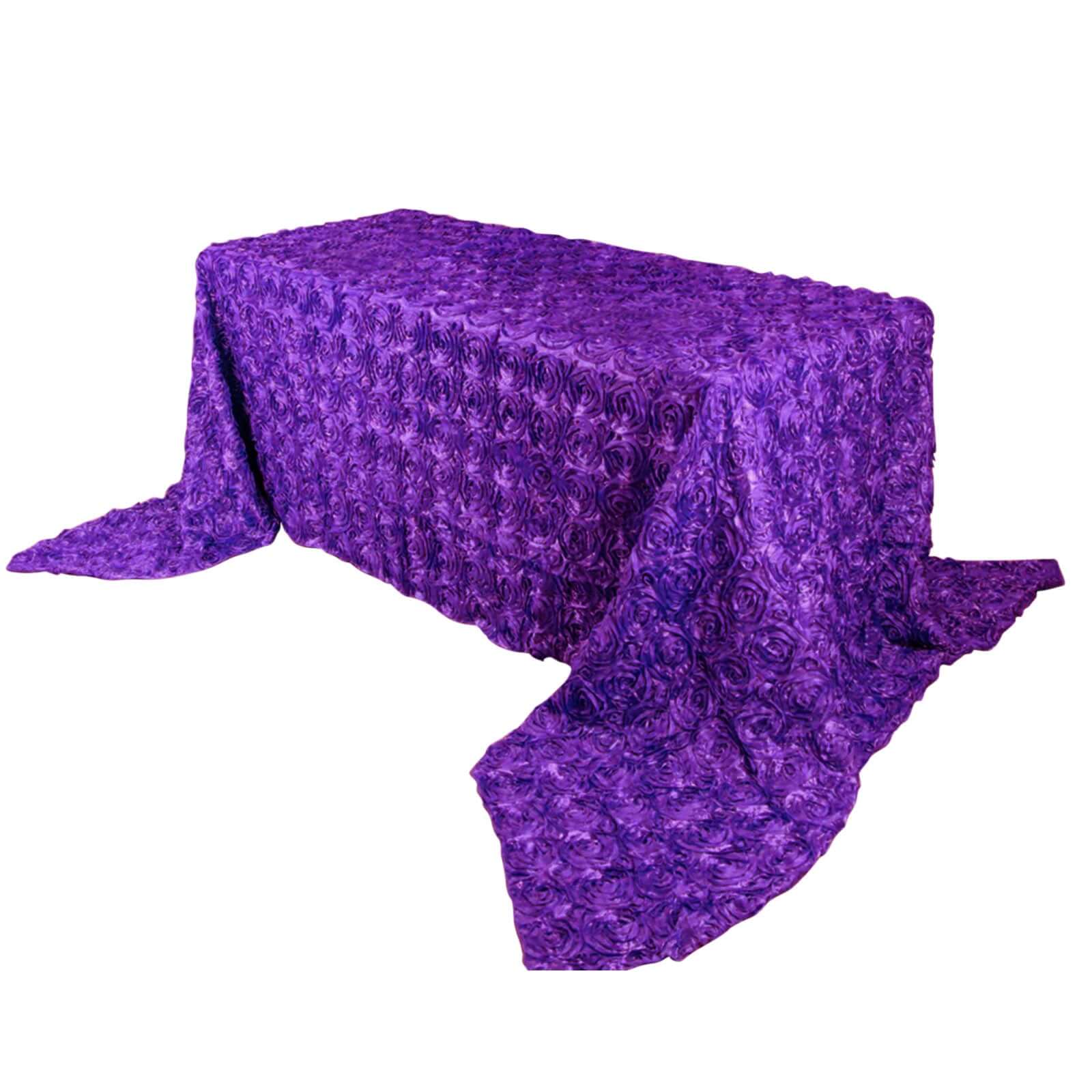 Satin 90"x156" Rectangle Tablecloth Purple - Grandiose 3D Rosette Table Cover with Seamless Finish - NestOCart