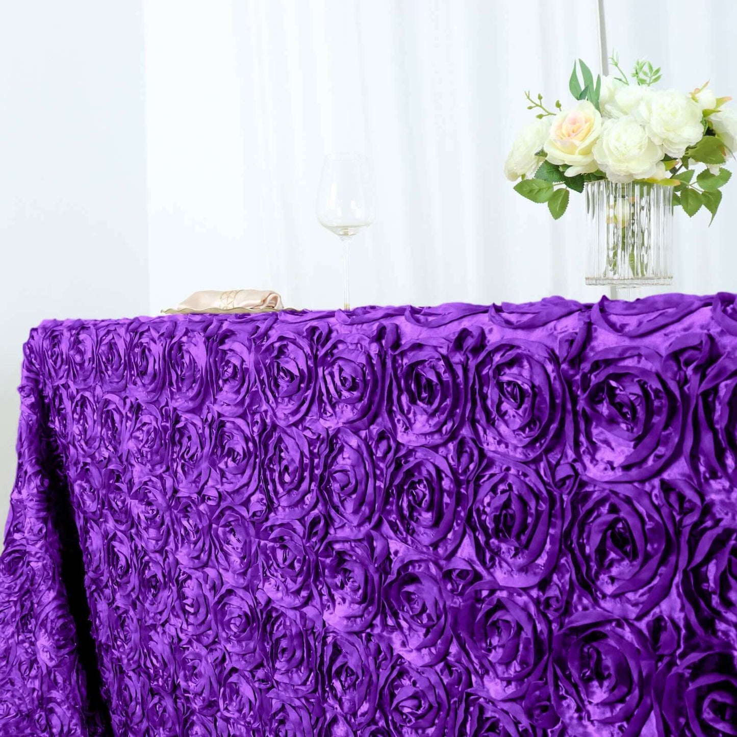Satin 90"x156" Rectangle Tablecloth Purple - Grandiose 3D Rosette Table Cover with Seamless Finish - NestOCart