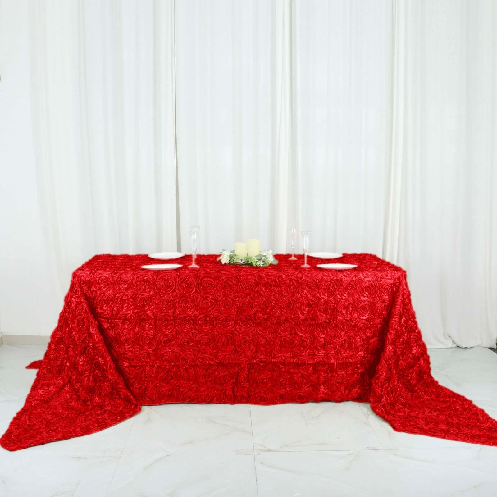 Satin 90"x156" Rectangle Tablecloth Red - Grandiose 3D Rosette Table Cover with Seamless Finish - NestOCart