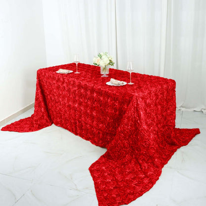 Satin 90"x156" Rectangle Tablecloth Red - Grandiose 3D Rosette Table Cover with Seamless Finish - NestOCart