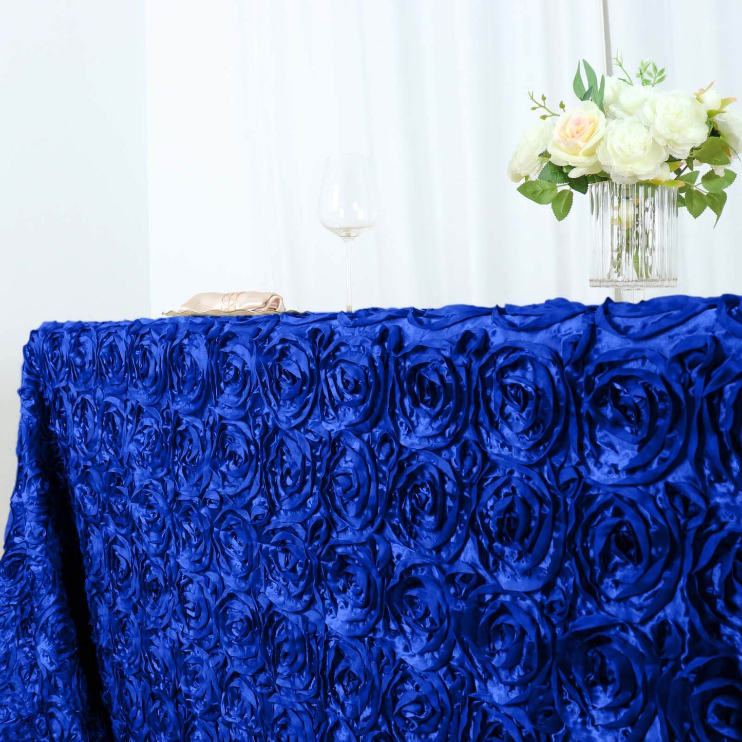 Satin 90"x156" Rectangle Tablecloth Royal Blue - Grandiose 3D Rosette Table Cover with Seamless Finish - NestOCart