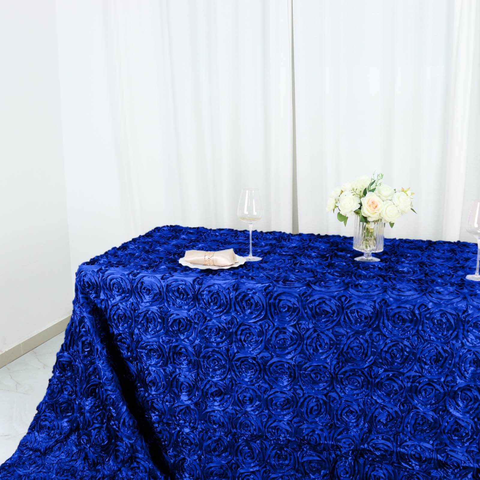 Satin 90"x156" Rectangle Tablecloth Royal Blue - Grandiose 3D Rosette Table Cover with Seamless Finish - NestOCart