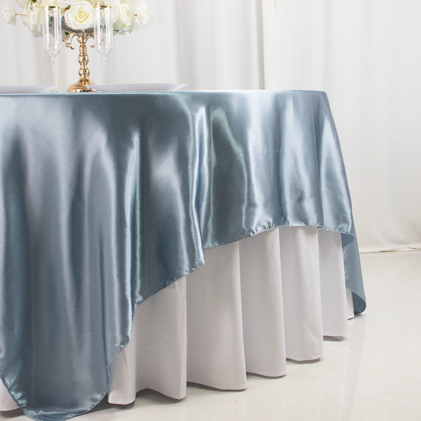 Satin 90"x90" Table Overlay Square Tablecloth Dusty Blue - Smooth Finish Table Topper - Bell Racket Store