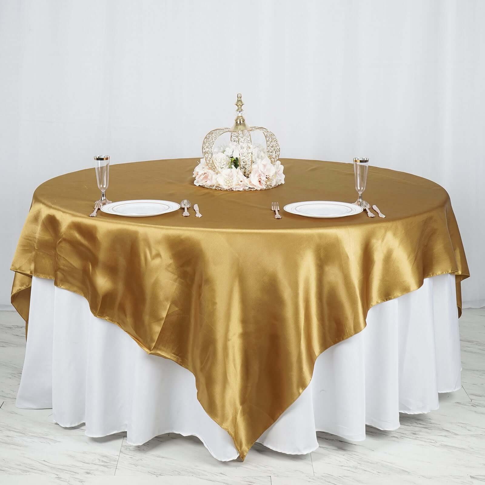 Satin 90"x90" Table Overlay Square Tablecloth Gold - Smooth Finish for Luxurious Events - NestOCart